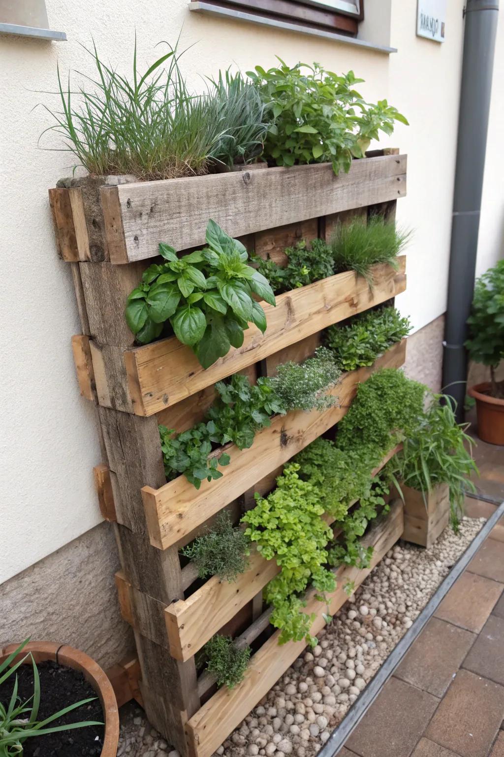 A vertical herb garden using a wood pallet.