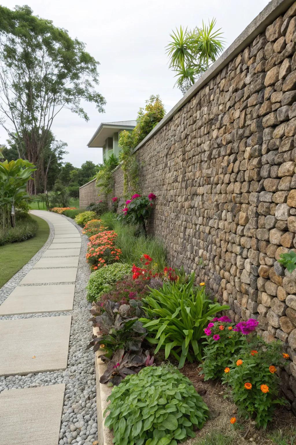 Stone veneer walls adding elegance and support to garden spaces.
