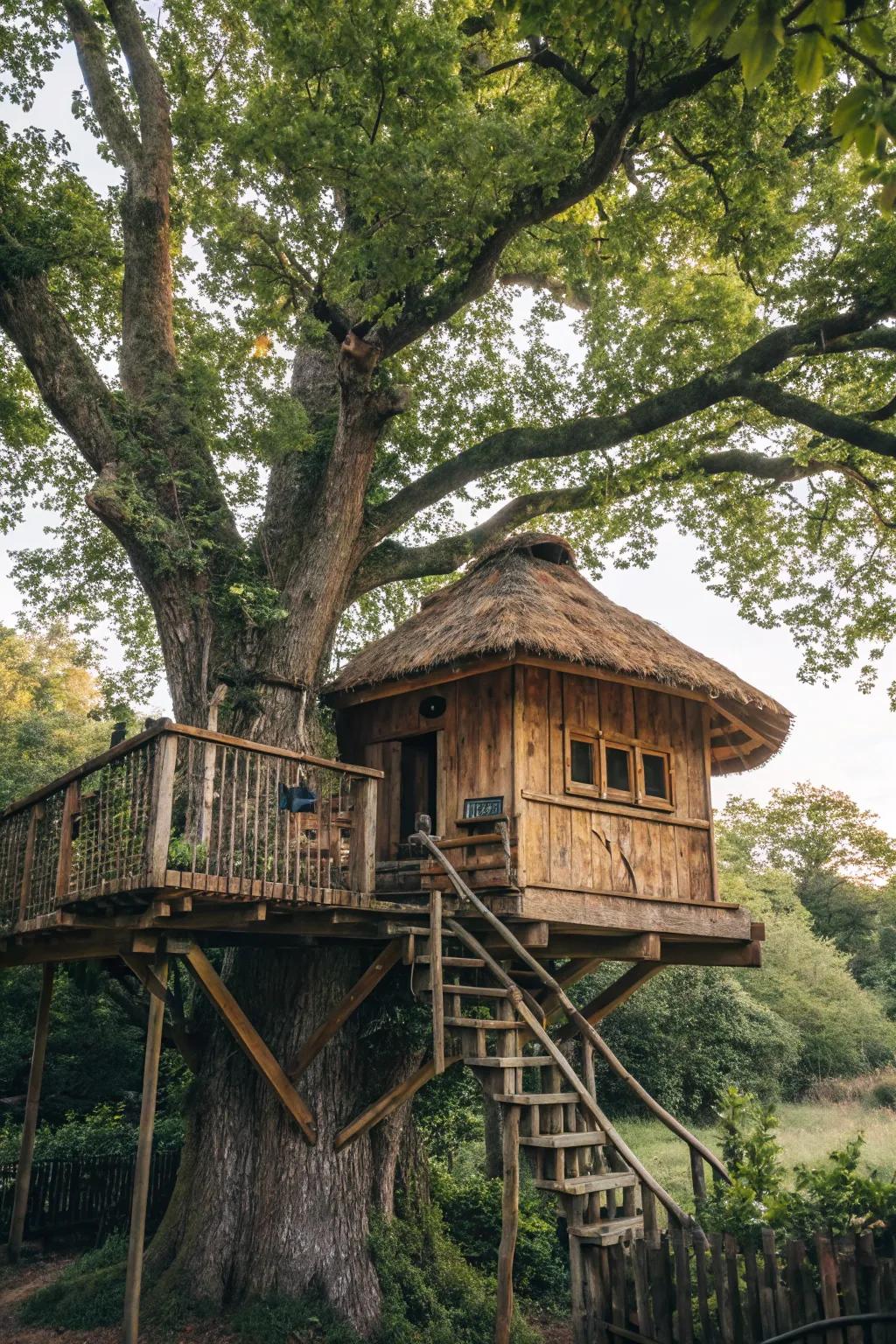 A charming tree fort nestled in a backyard tree.