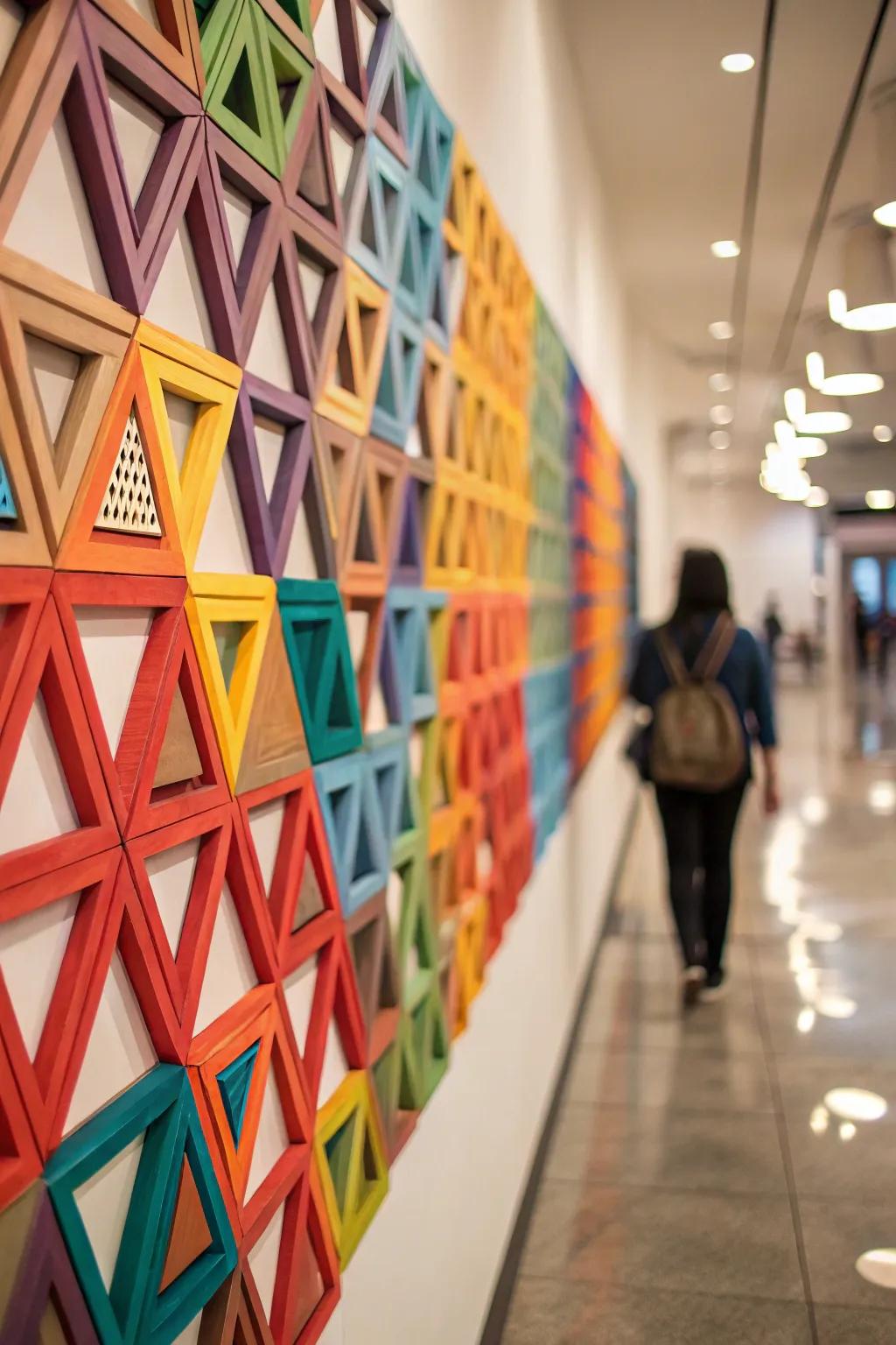 Piled geometric art brings depth and intrigue to the room.