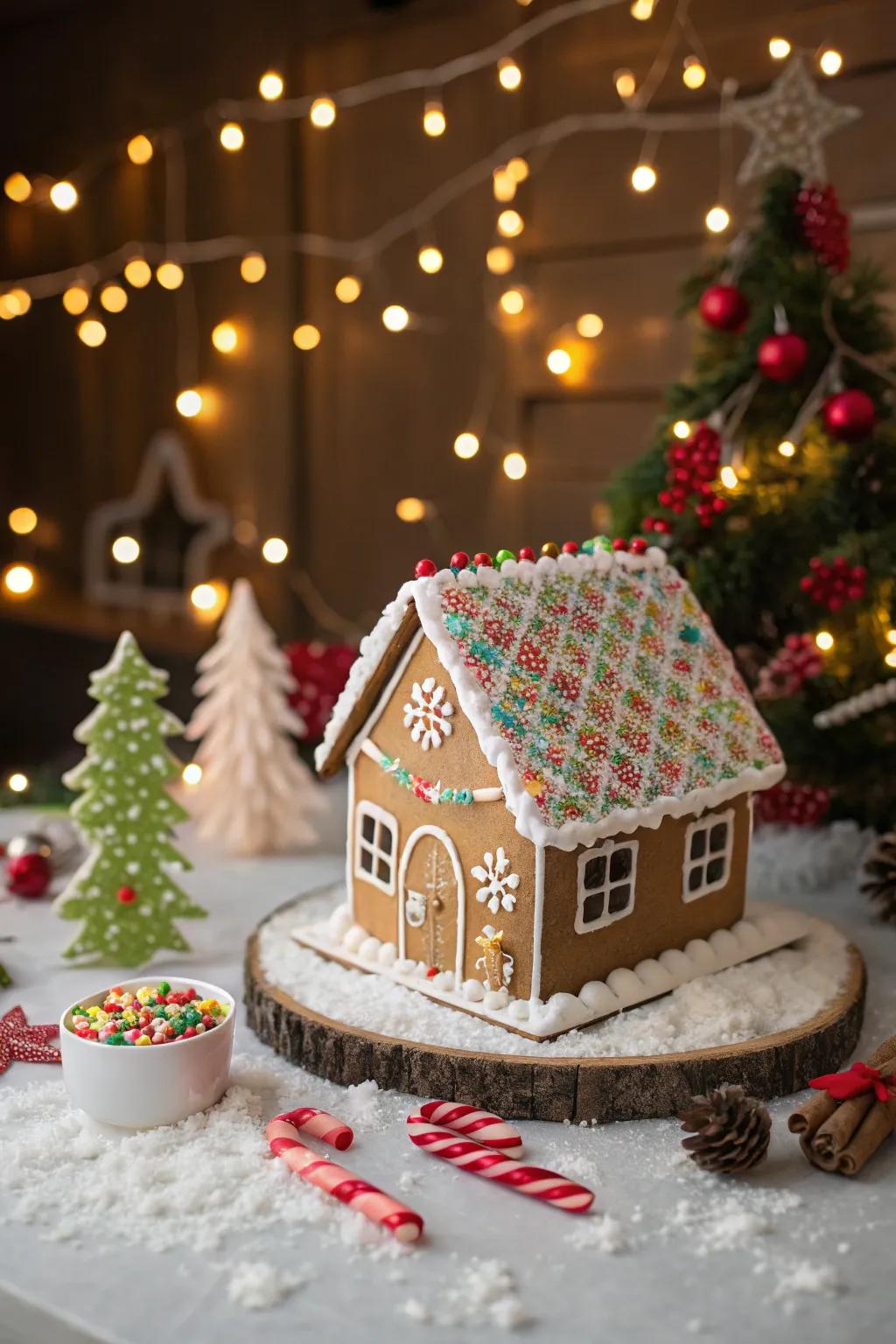 Burst tiles convey joy and color to gingerbread house roofs.