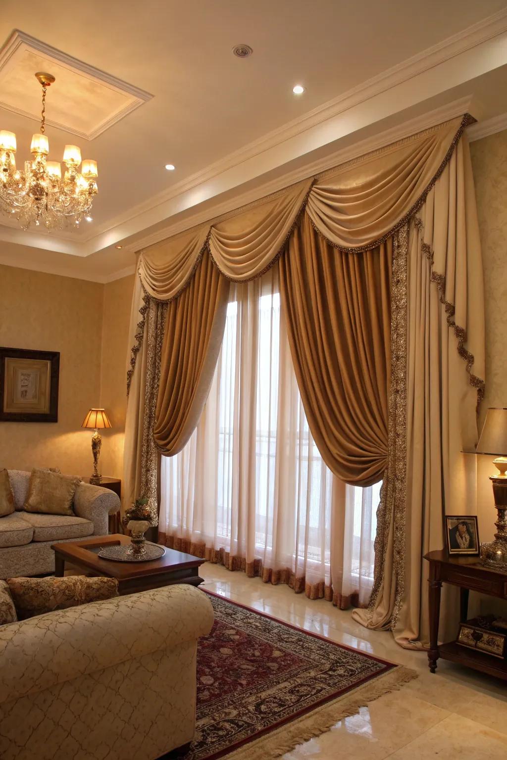 Dramatic window dressings add height and elegance.