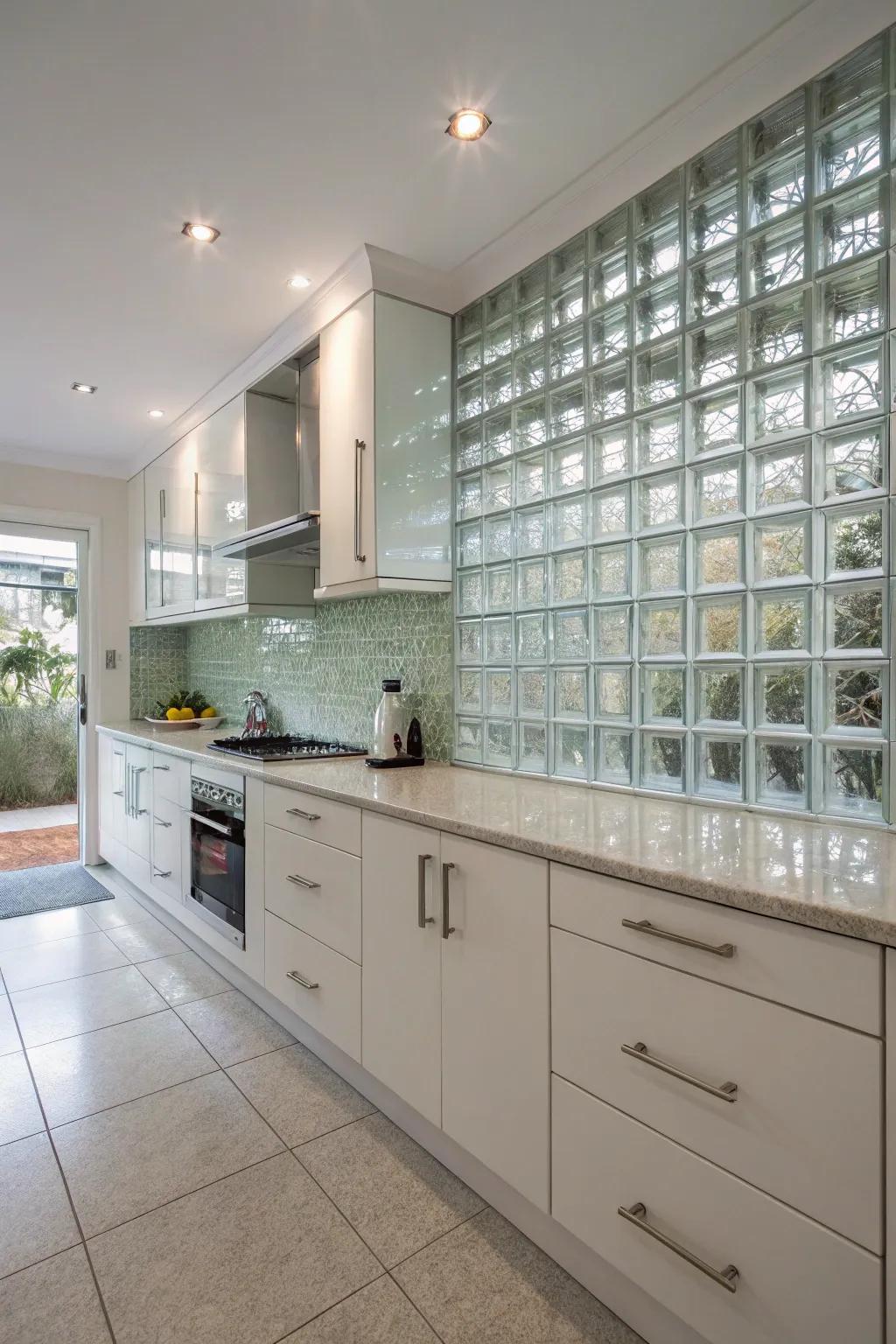 A kitchen features a glass block backsplash, offering a modern, bright, and easy-to-clean surface.