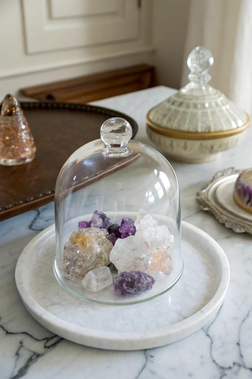 Gemstones and geodes create a mystical display under a glass cloche.