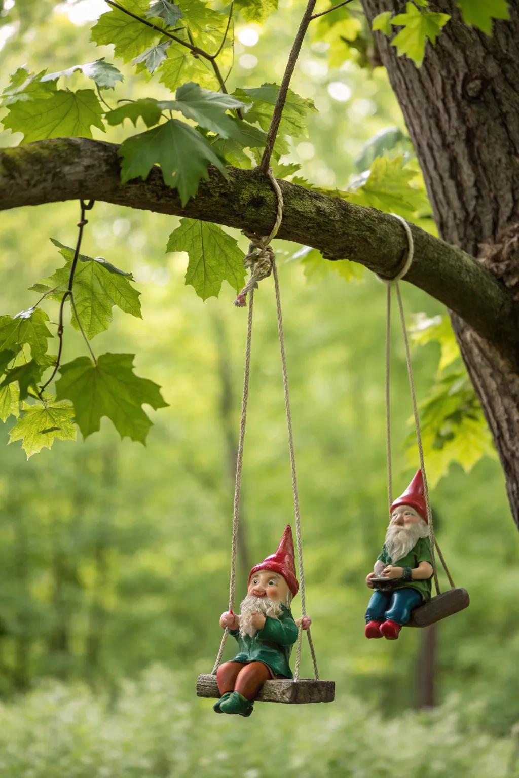 A playful gnome swing set adds movement to the garden.