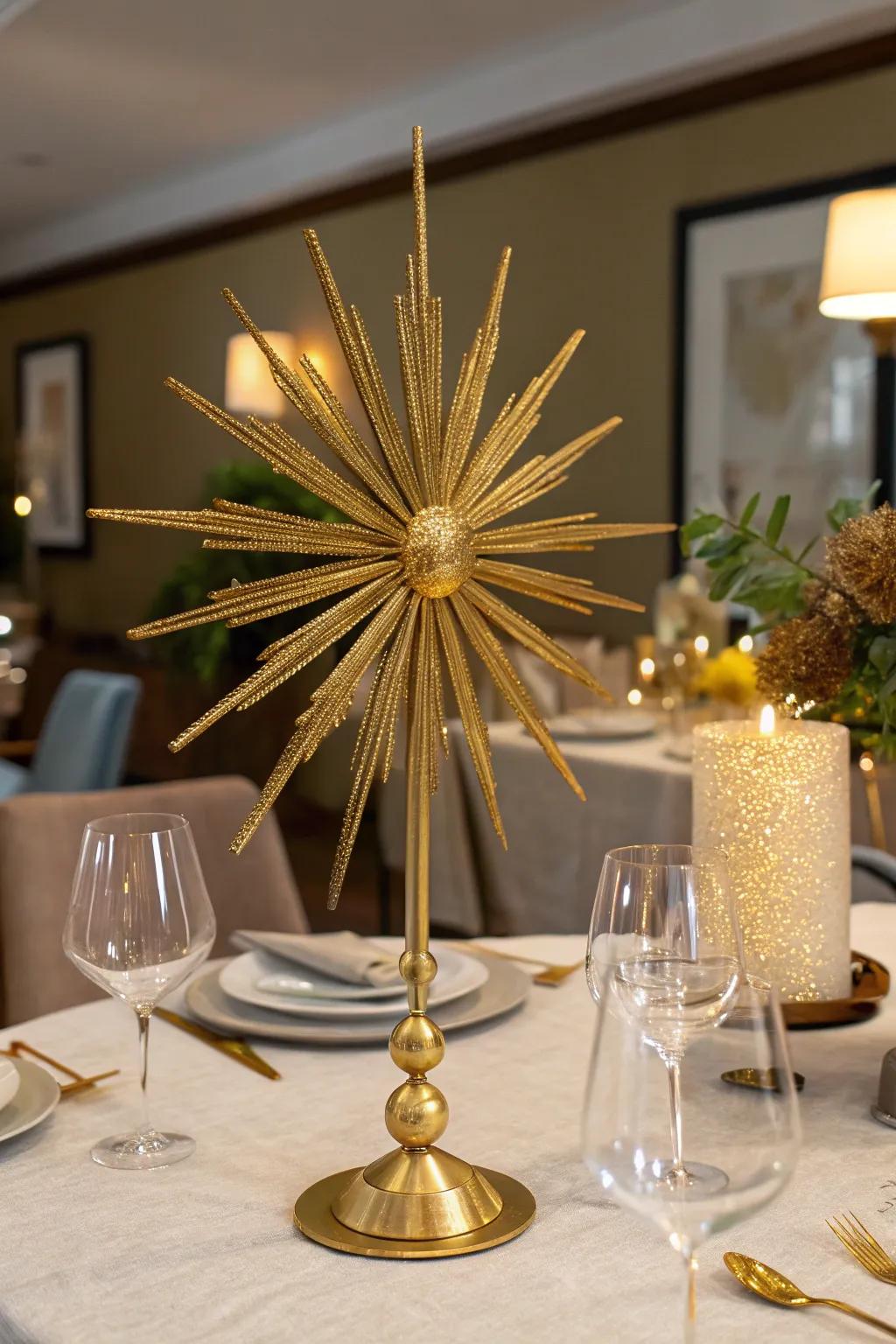 Dazzling gilded starburst sculpture as a focal point.
