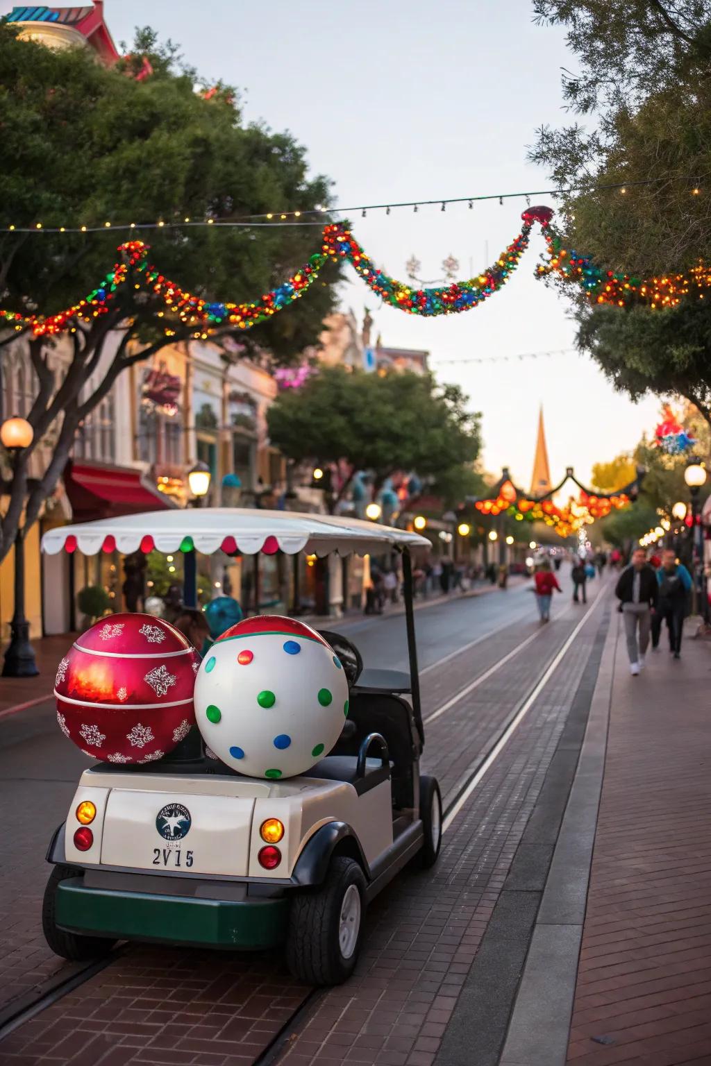 A golf cart bursting with ornament cheer.