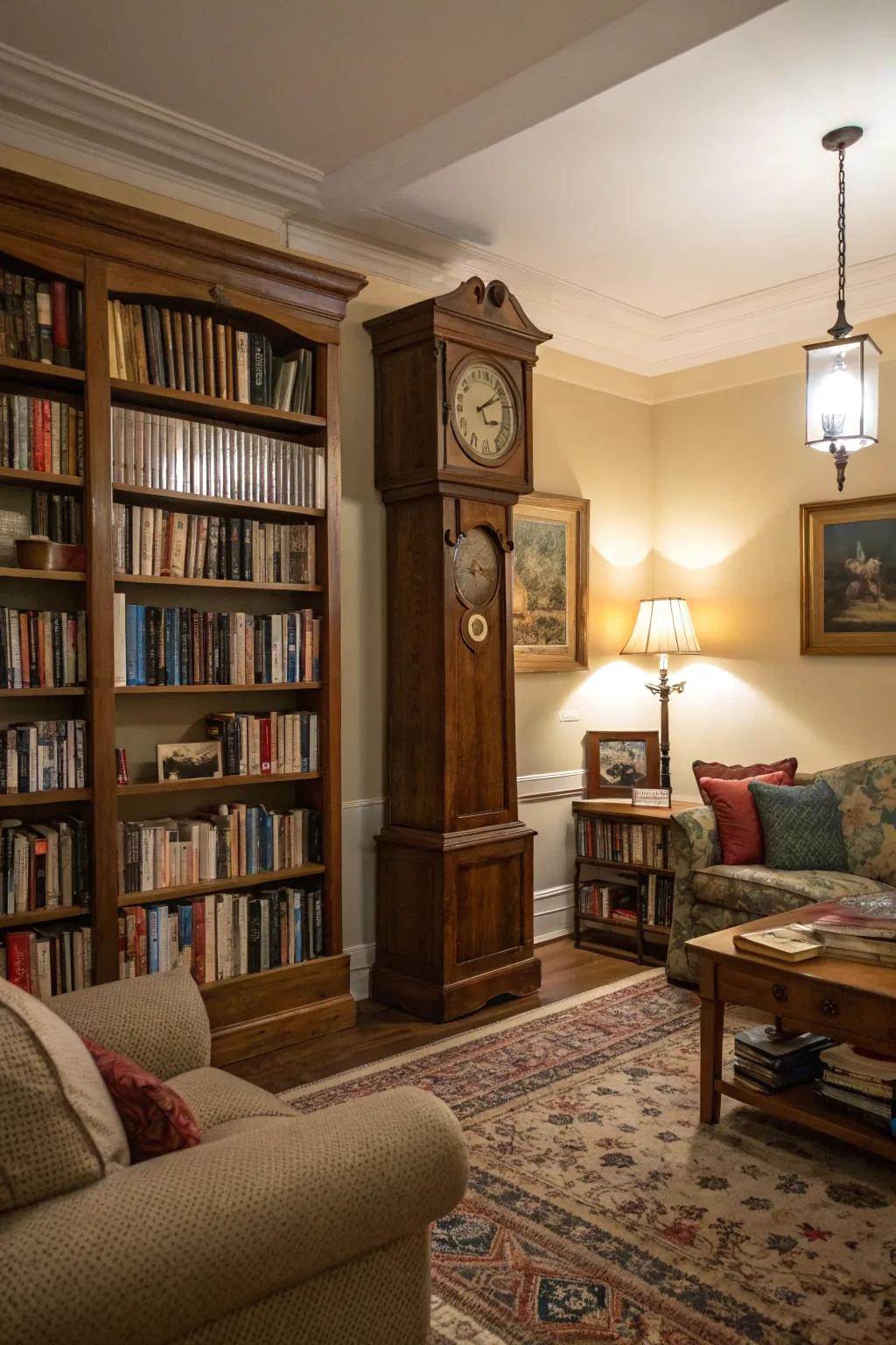 A pendulum timepiece completes the vintage library atmosphere in a living room.