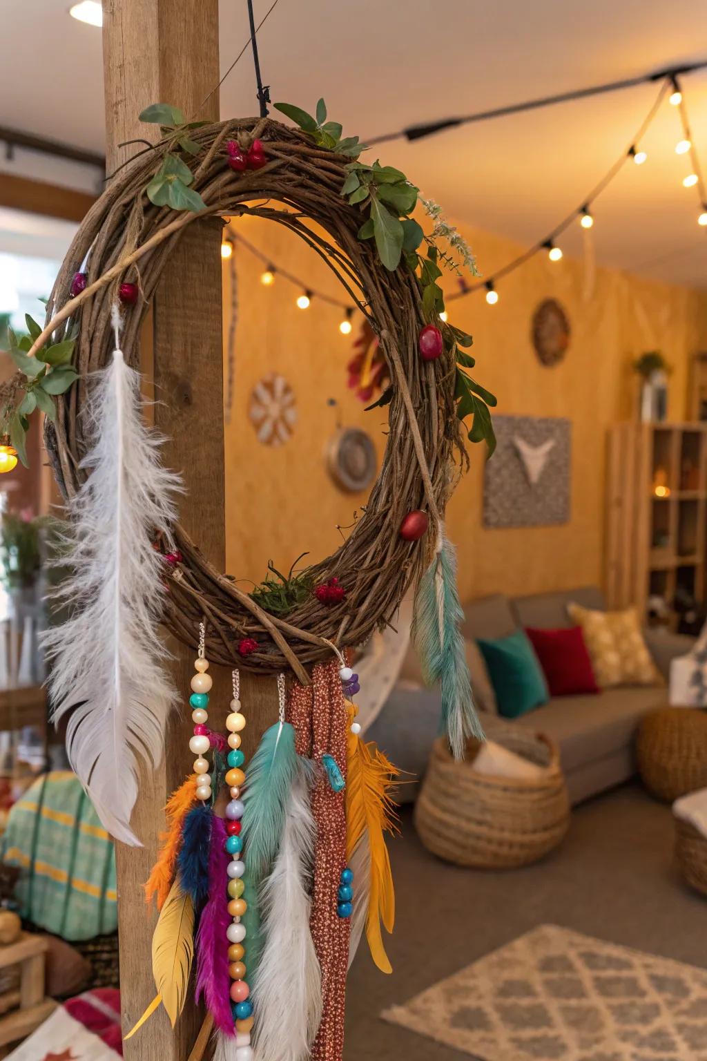 A bohemian-themed grapevine wreath with cords and quills.
