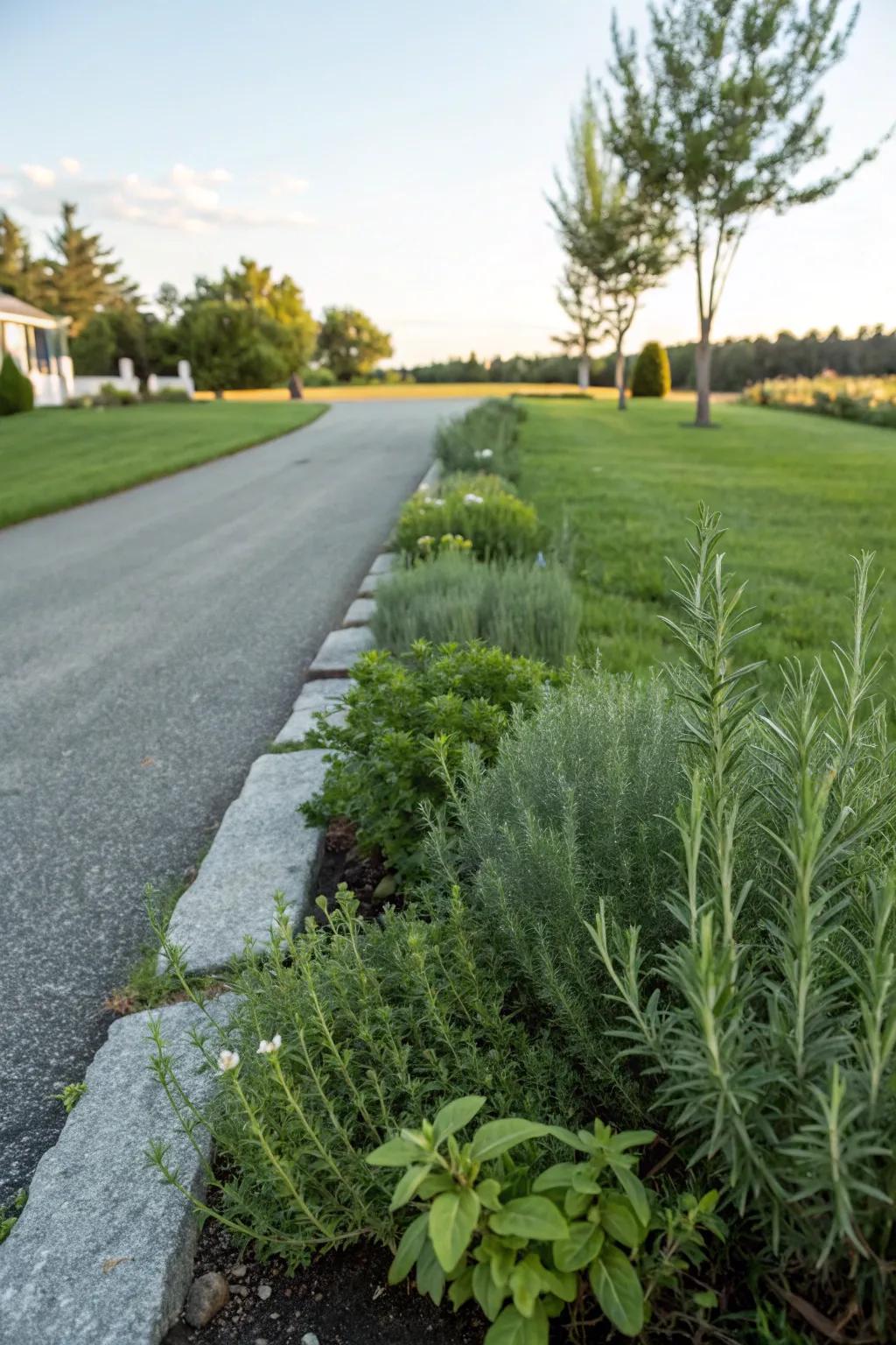 Herbs lining the grass add fragrance and charm.