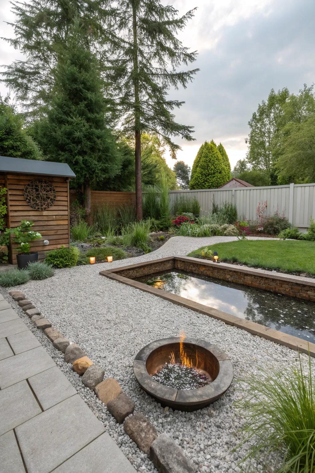 A water feature adds tranquility to your fire feature area.
