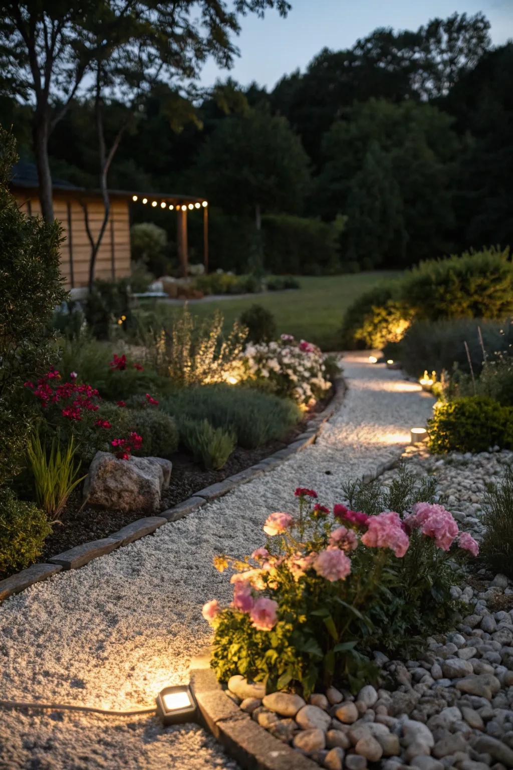 A stone flower bed beautifully illuminated for nighttime ambiance