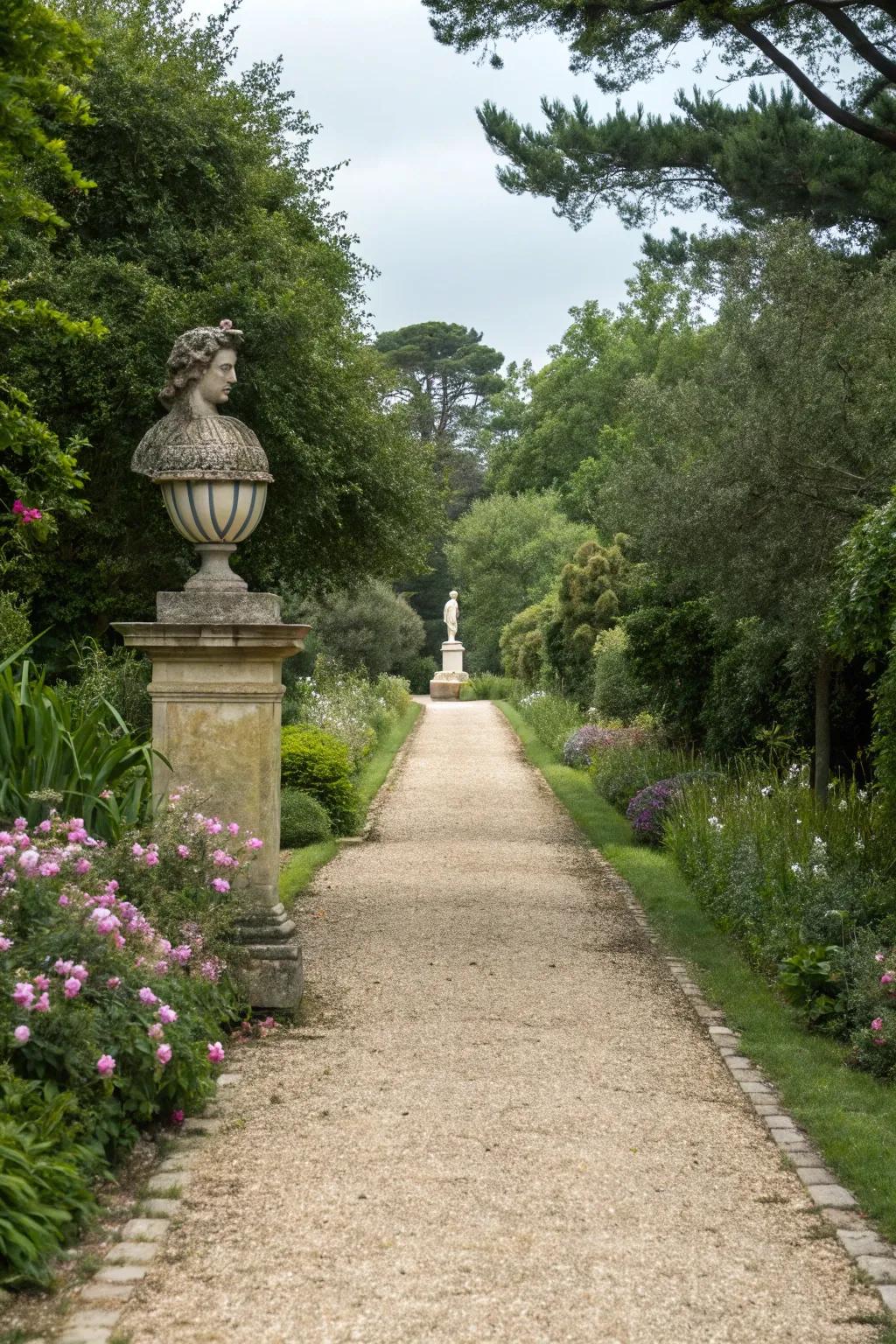 A stone chip walkway featuring a striking sculpture centerpiece