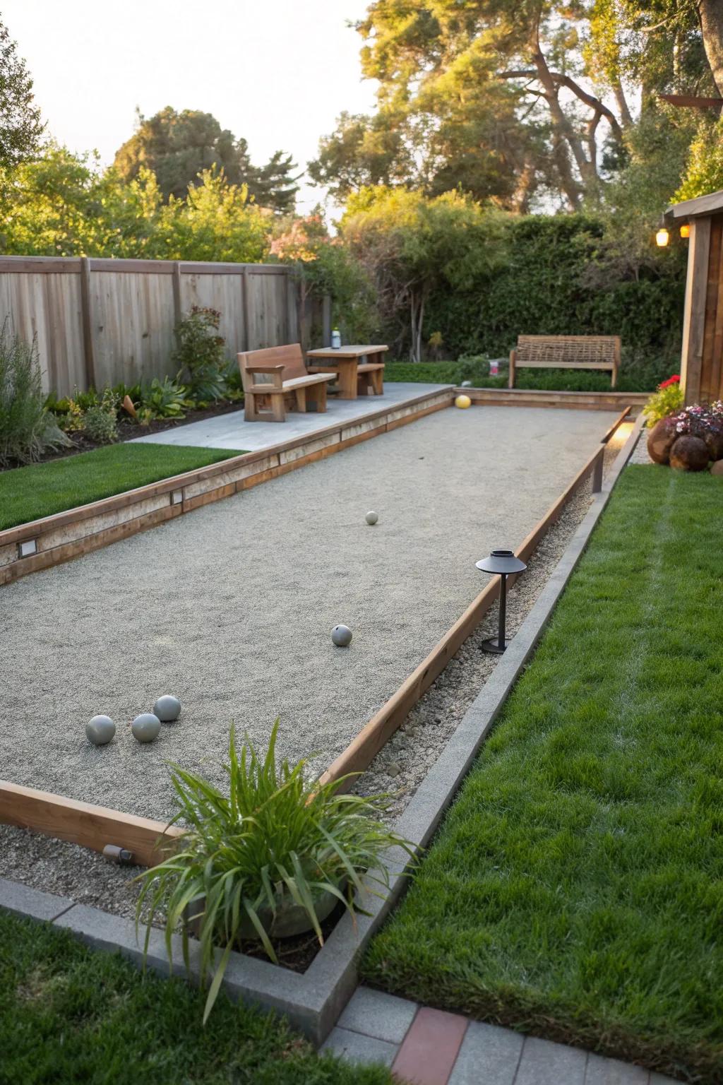 A fun bocce ball field made with pebbles in a backyard.