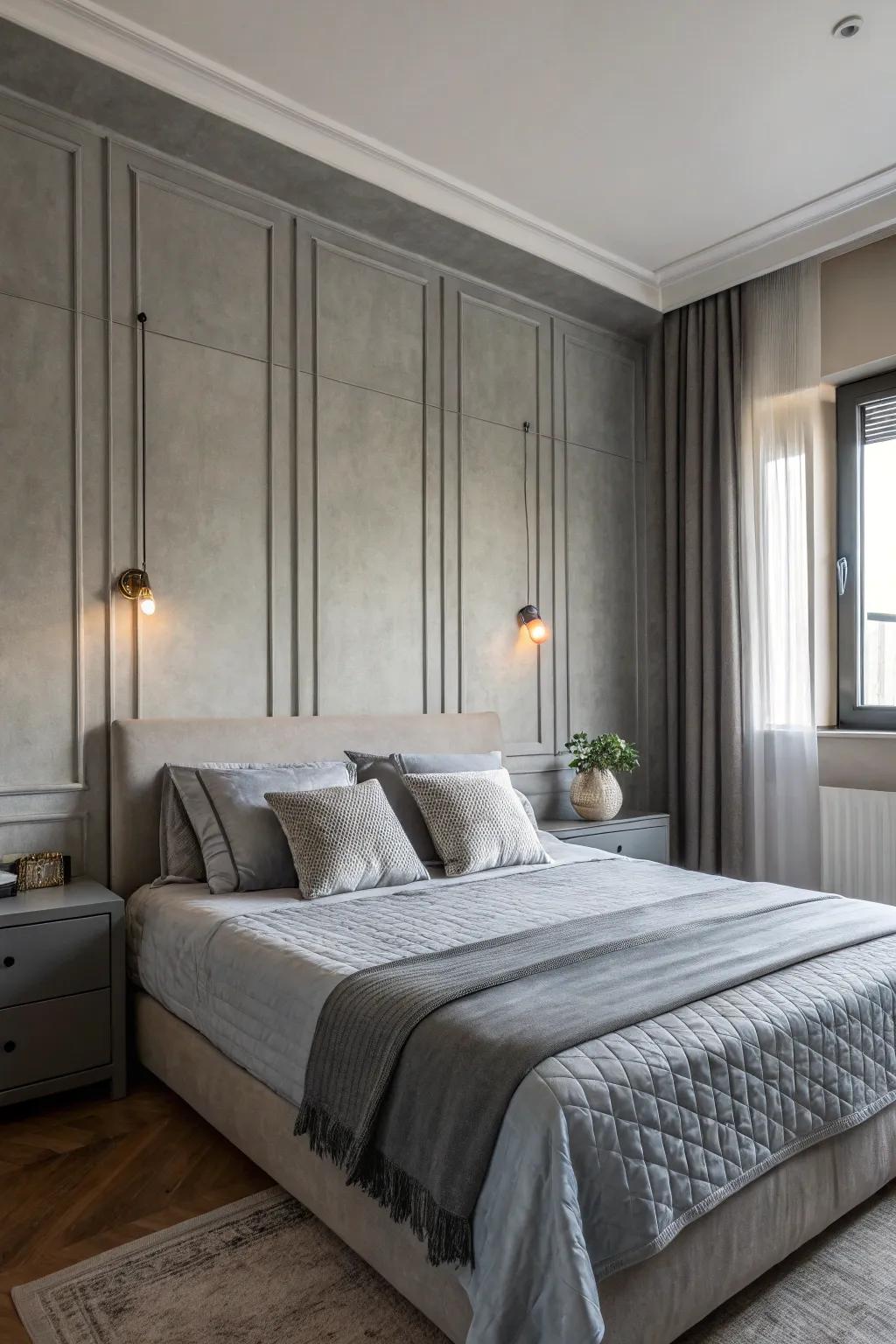 A dynamic bedroom showcasing layered gray tones.