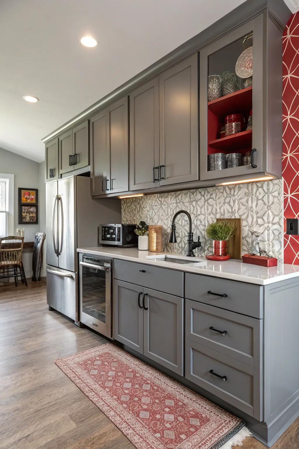 An accent wall enriches the depth and intrigue of the kitchen.