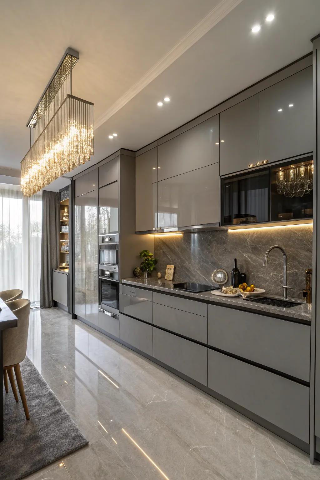 Shimmering gray cabinets bring a glamorous touch to this modern kitchen.