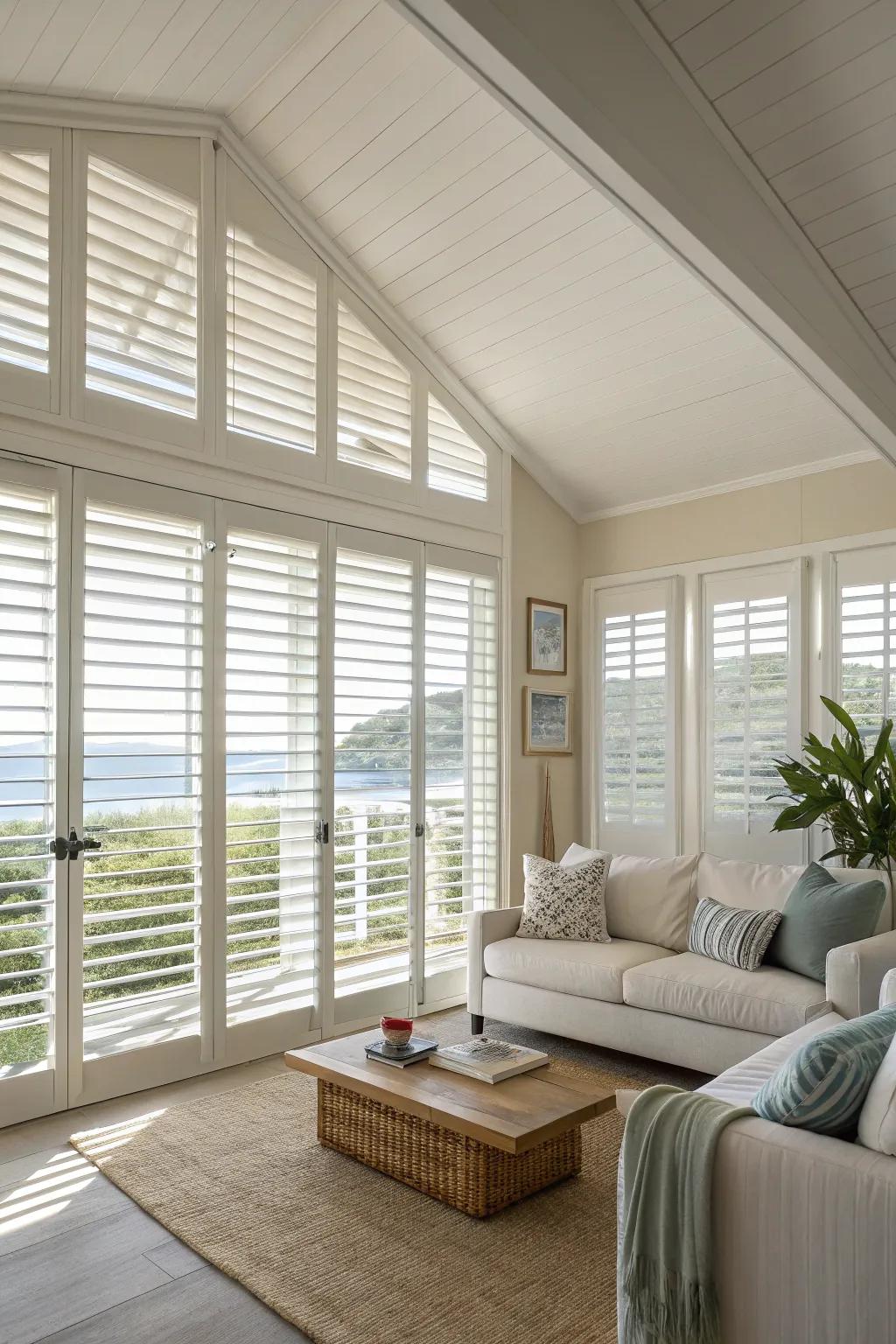 Slatted windows enhance airflow and add a unique look to this family room.