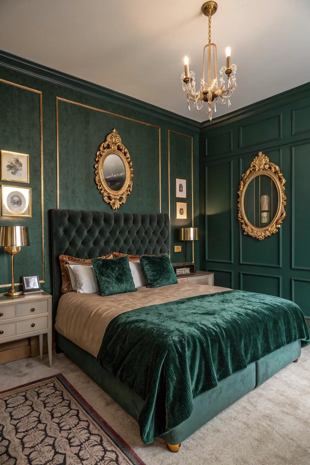 Deep green adds vintage glamor to this bedroom.