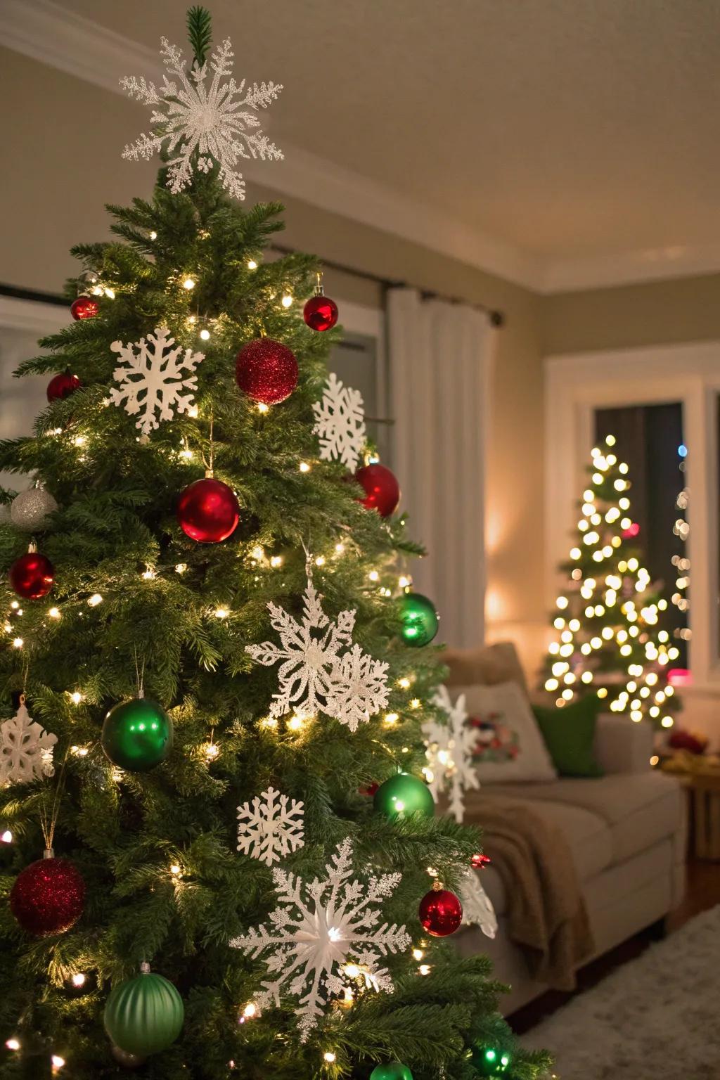 A Christmas tree with snowy embellishments and red and green decorations.