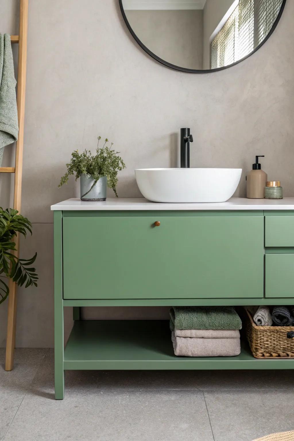 Minimalist design focusing on the green vanity as the main feature.