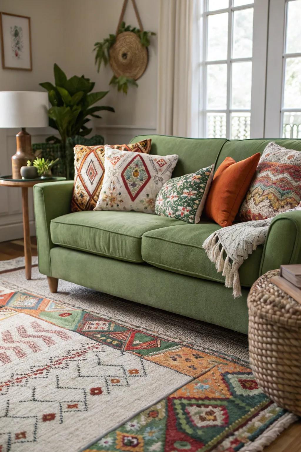 Blending designs with a green sofa injects vibrancy and a playful touch to the space.