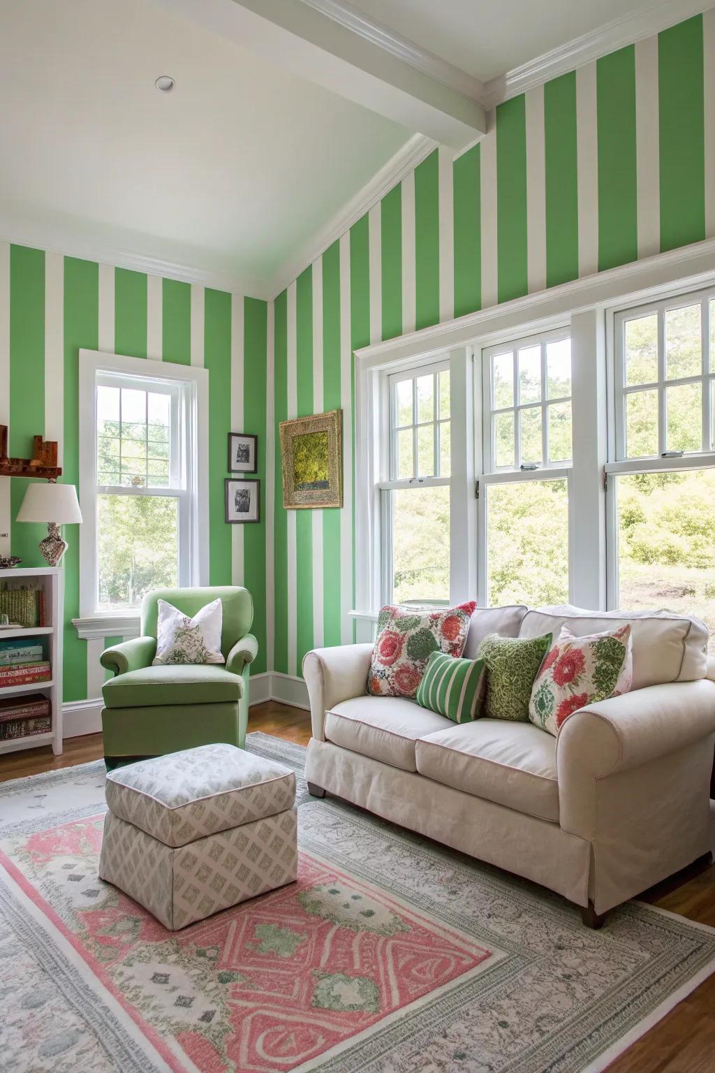 Green stripes infuse playfulness and vibrancy into this lounge.
