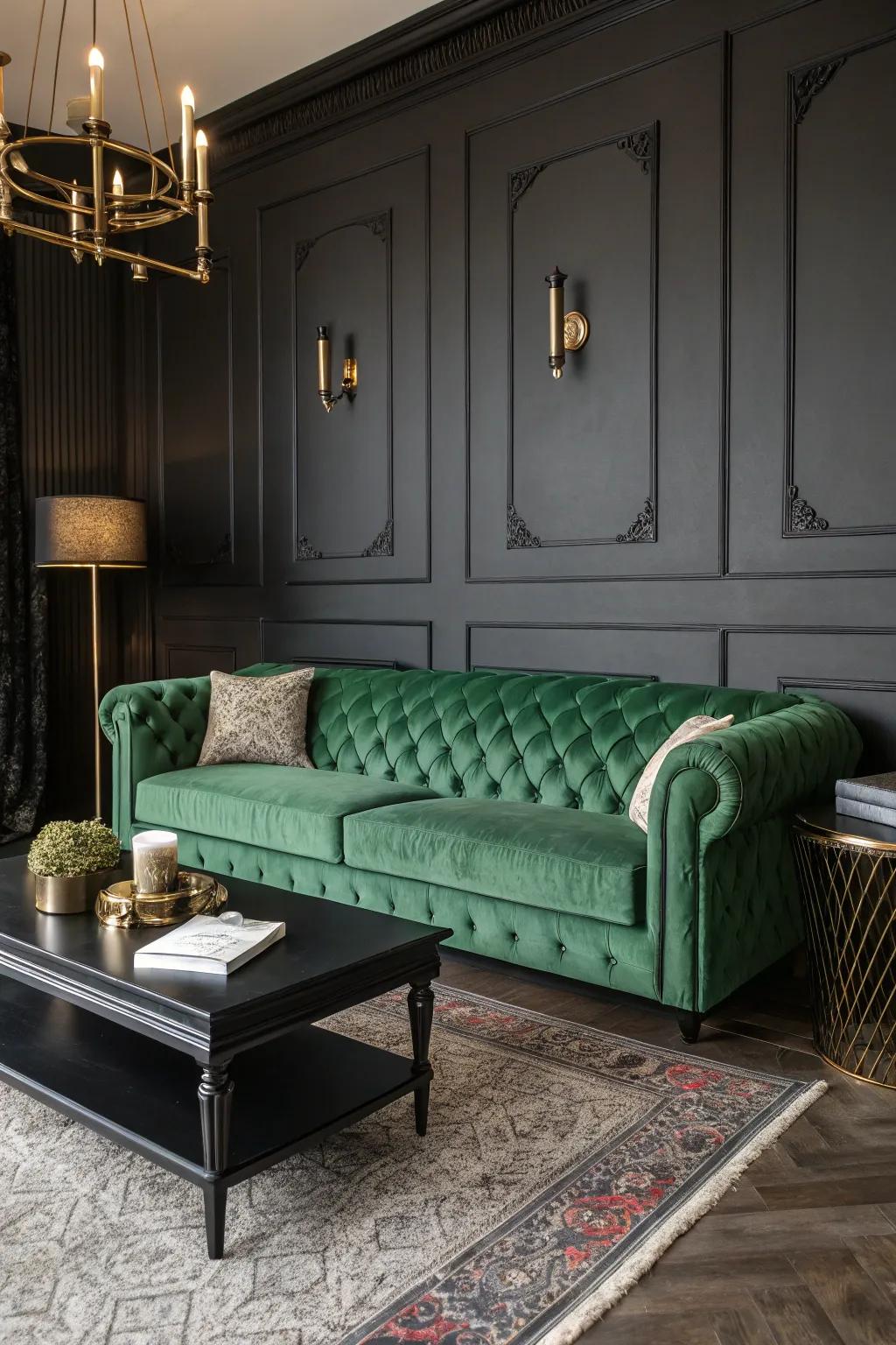 A dramatic living space featuring a green velvet sofa and black details.