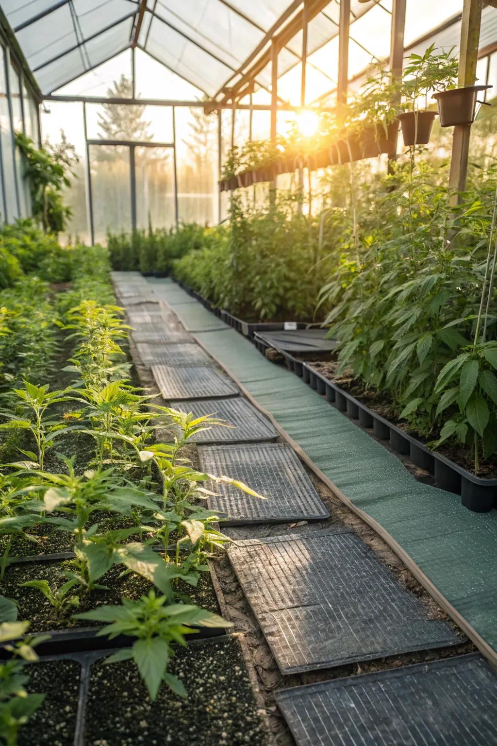 Weed barrier mats keep your greenhouse neat and weed-free.