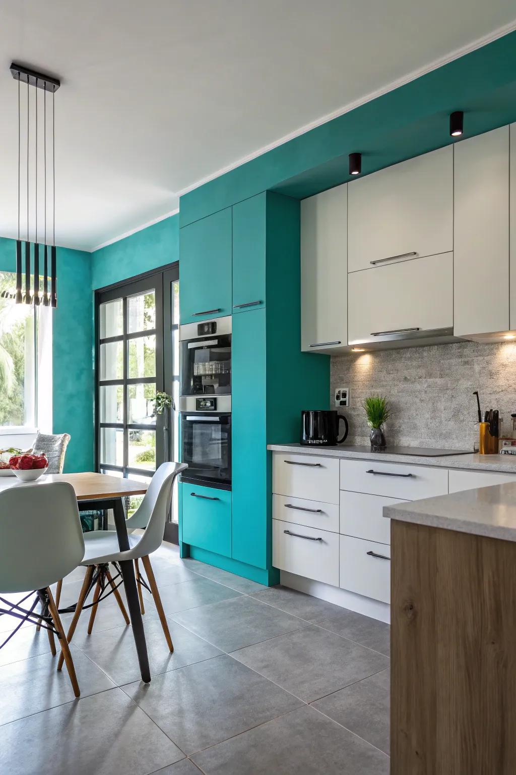 An accent wall in aqua makes a bold and modern statement.