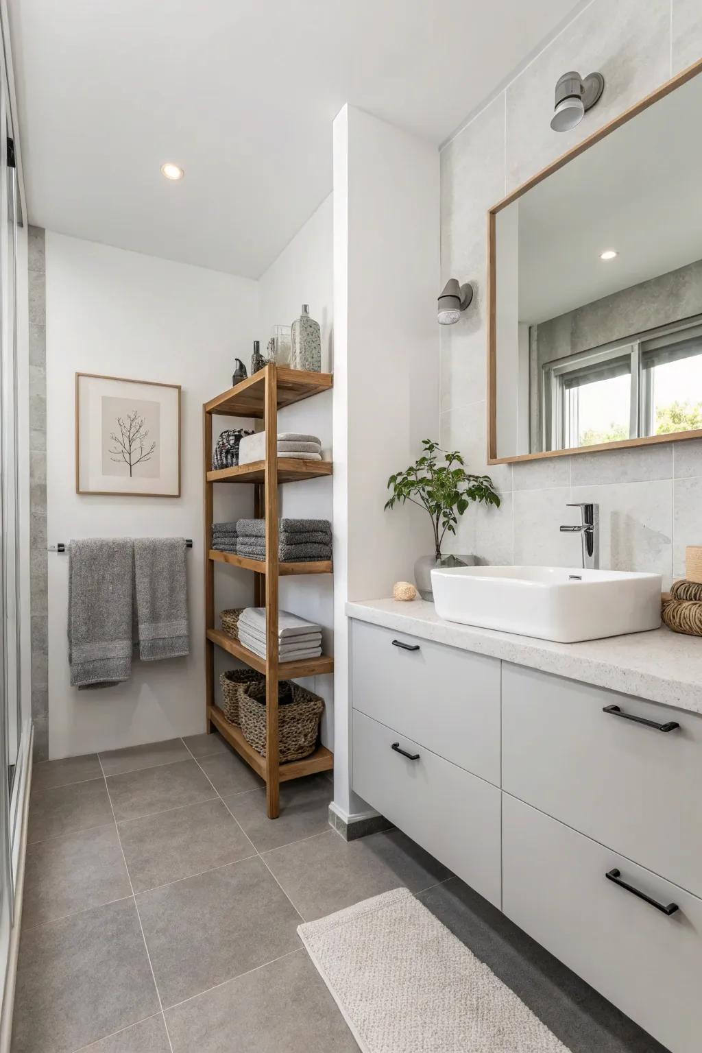 Display shelving holds a minimalist style while providing storage.