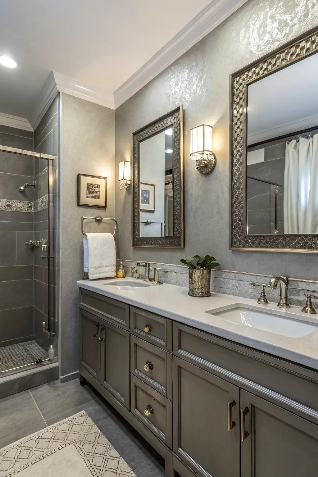 Metallic highlights contribute a touch of luxury to the shale bathroom.