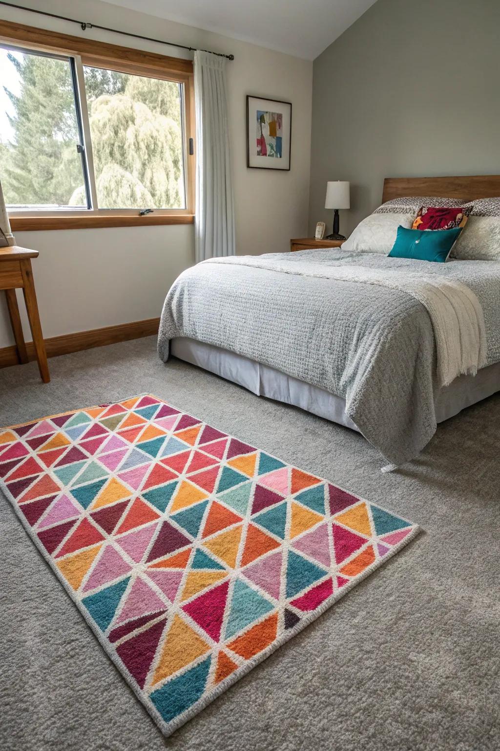 A geometric rug over the grey carpet creates a striking modern aesthetic.