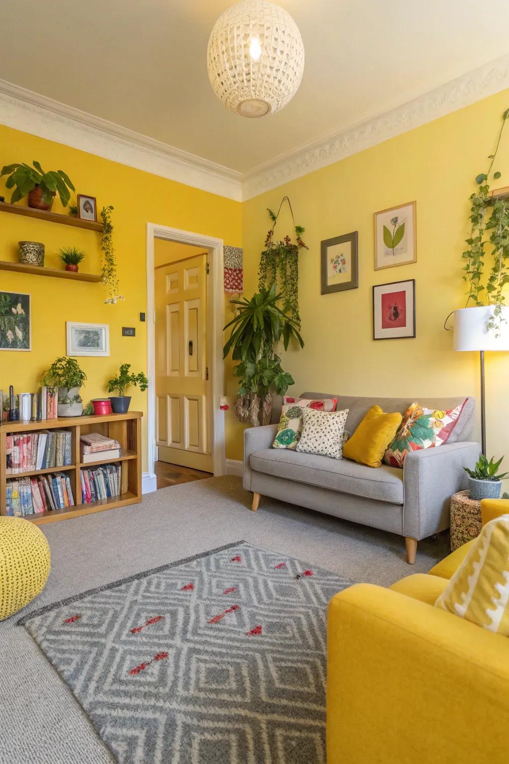 Yellow walls bring sunshine and warmth to spaces with grey carpet.