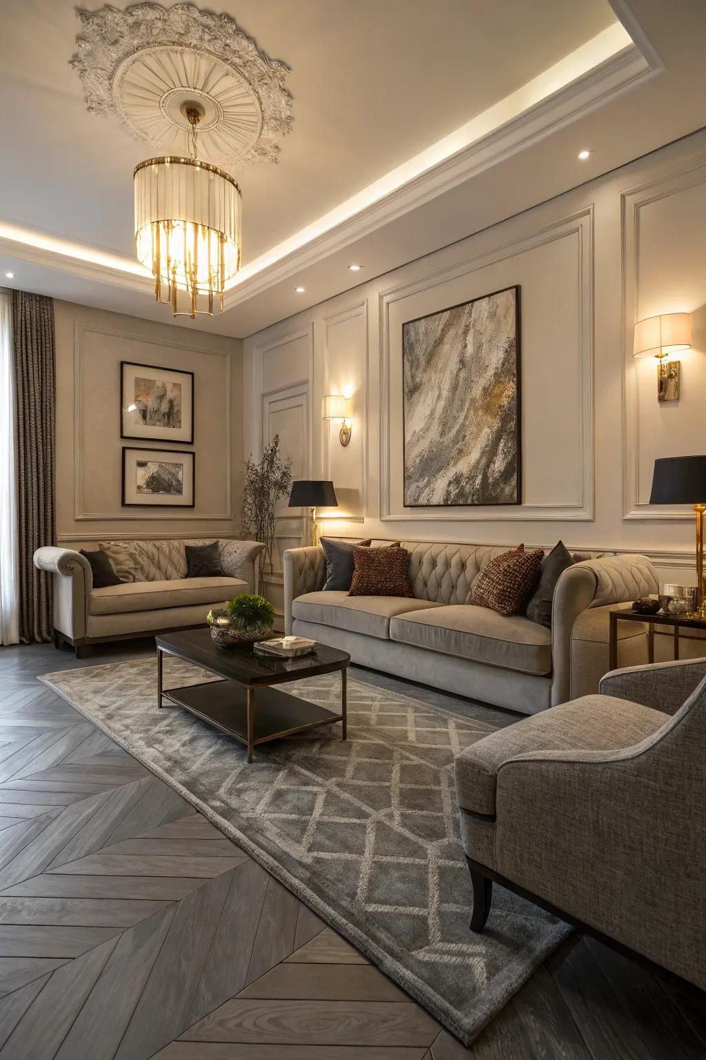 Grey parquet flooring brings class to this chic living room.