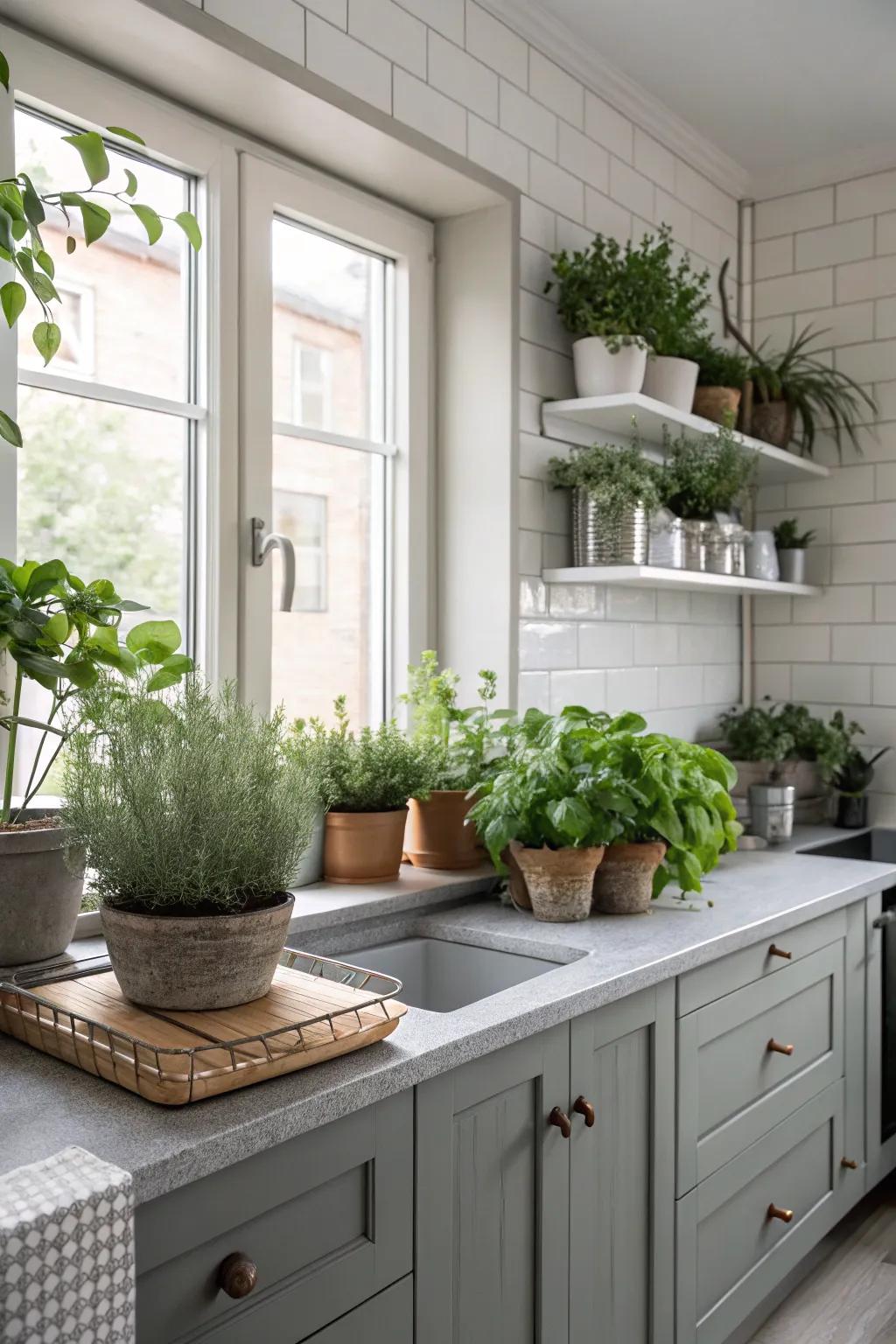 Flora adds life and vibrancy to a grey kitchen.
