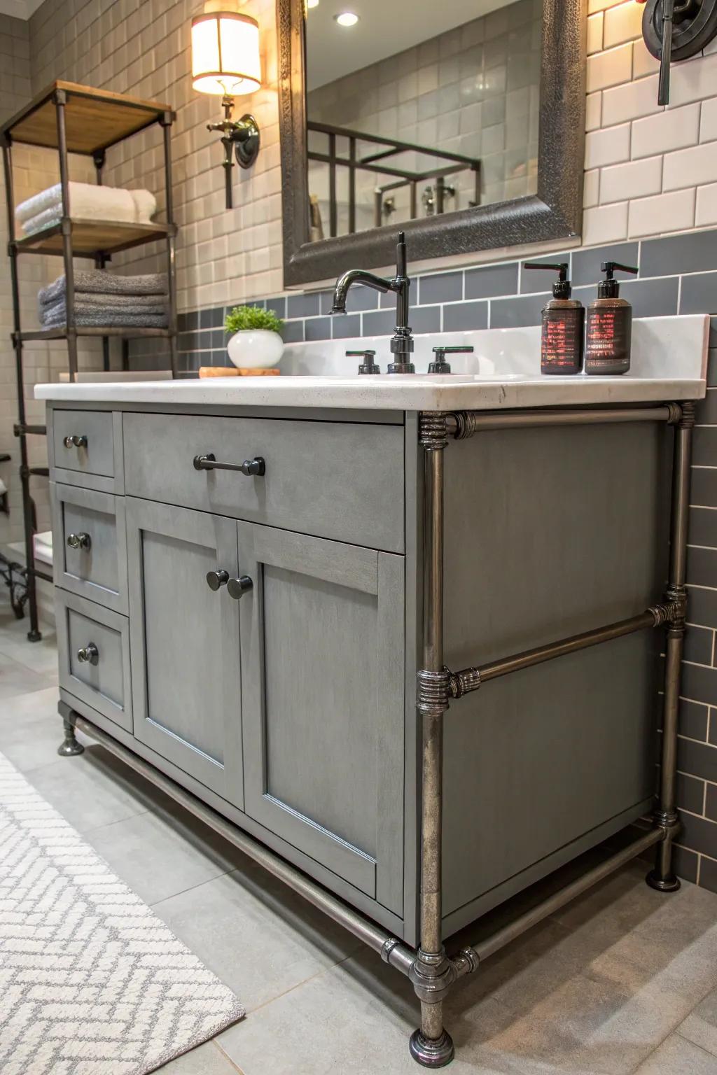 Industrial features give an edgy, urban sense to the grey vanity arrangement.