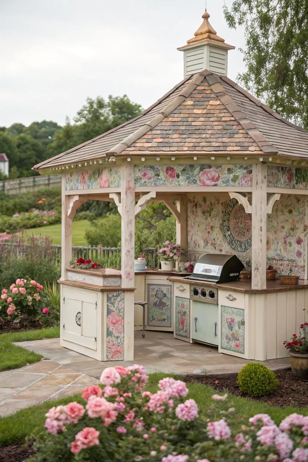 Enjoy a serene escape with a cottage theme gazebo.
