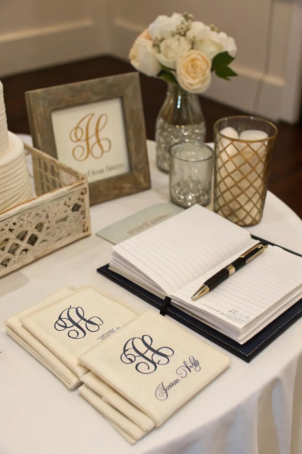 Personalized items personalize the guest book display.