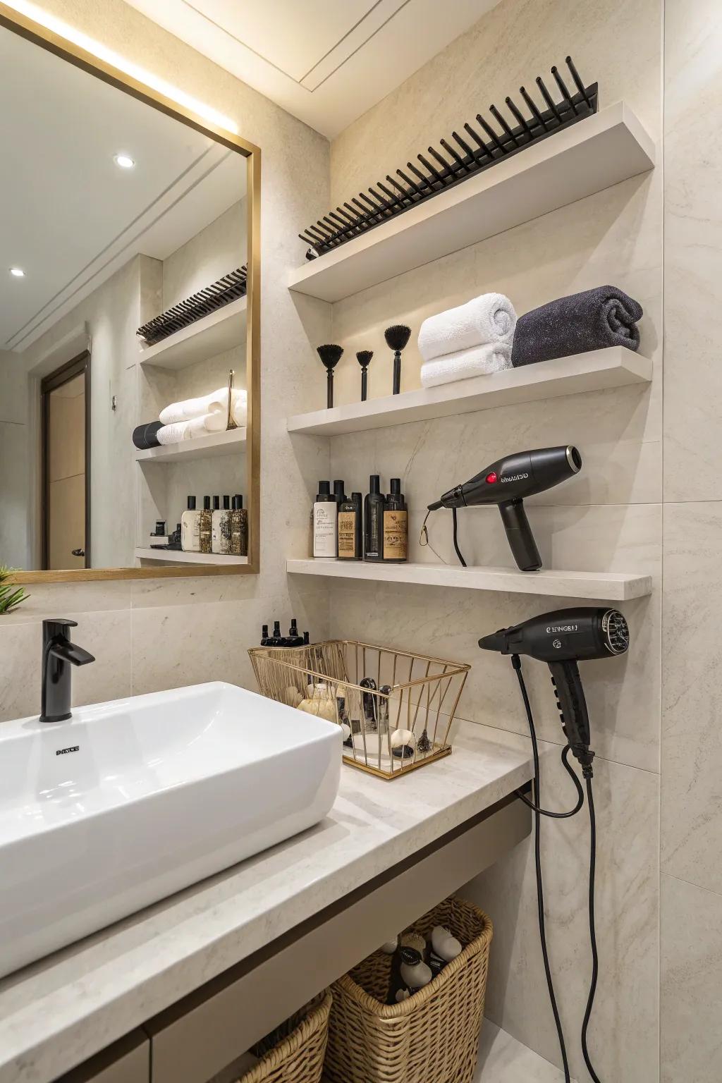 Minimalist floating shelves for a tidy and spacious bathroom.