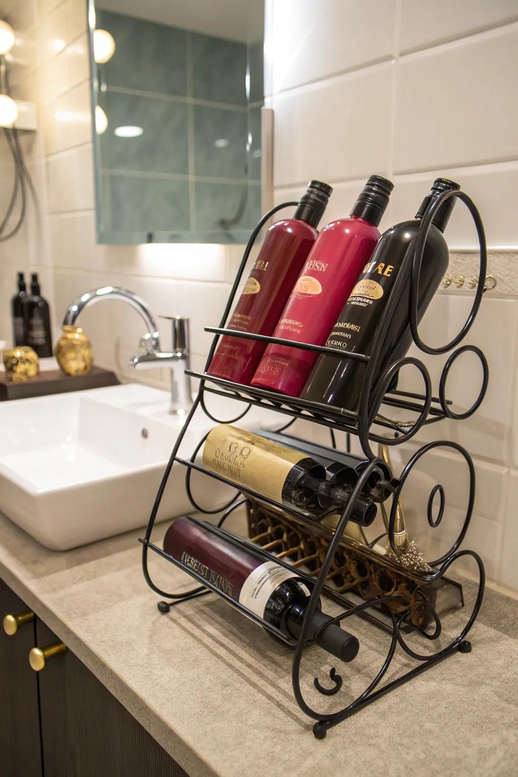 Creative use of a wine rack for storing hair products.