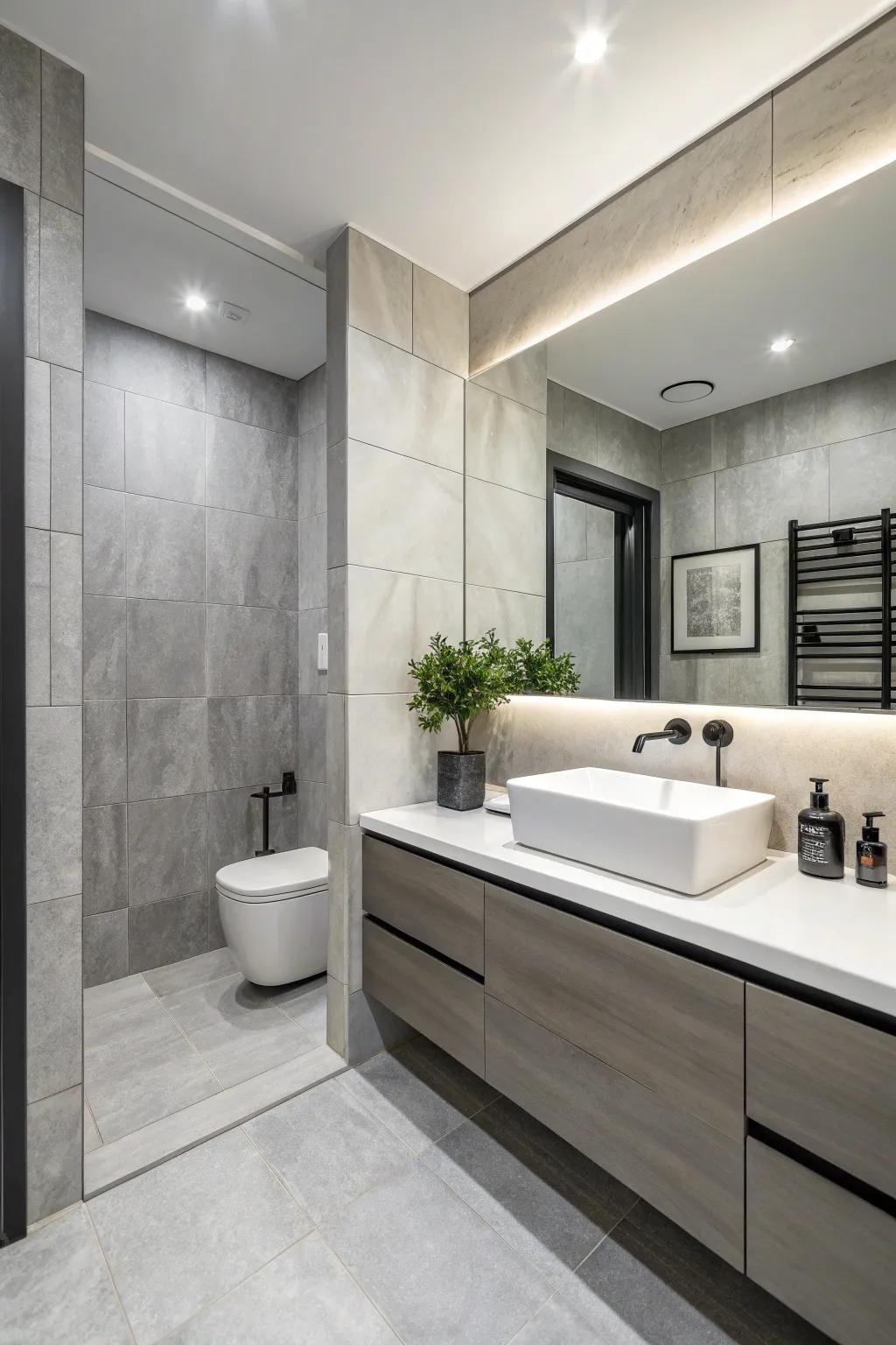 A monochrome palette creates a sense of unity and elegance in your half bath.