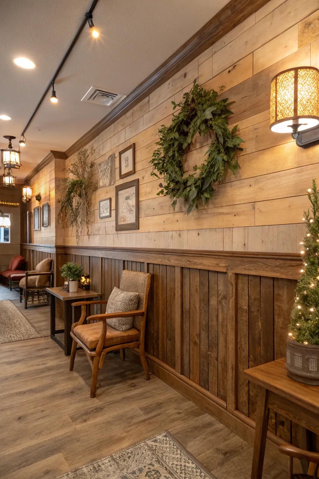 Repurposed wood shiplap adds character and sustainability.