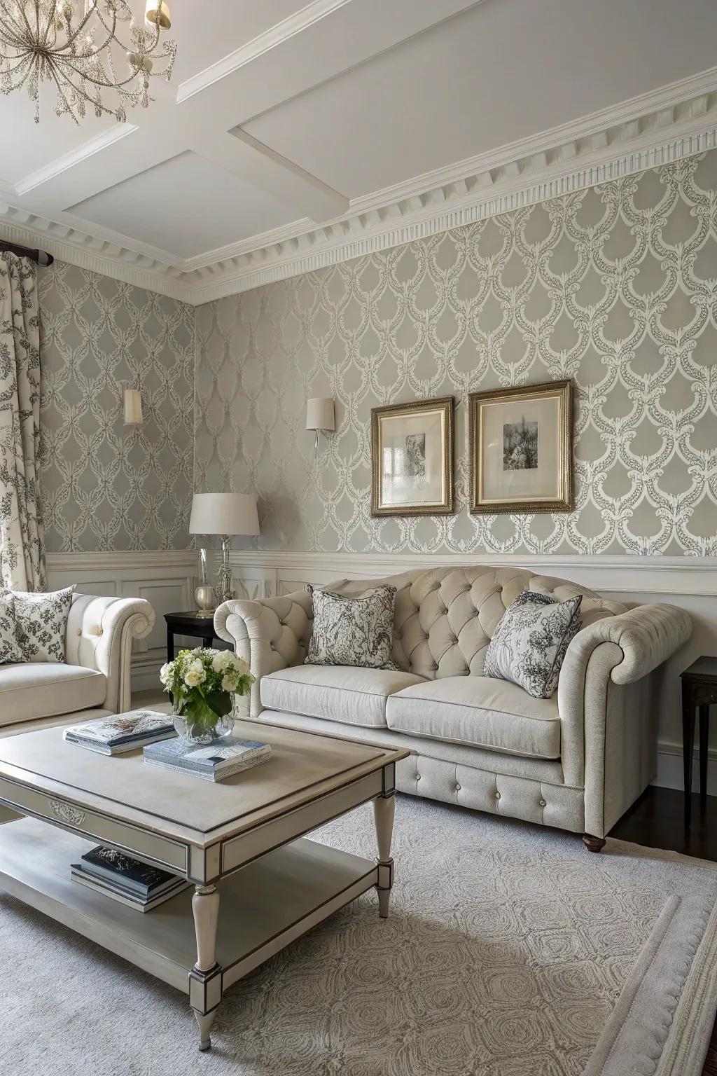 A classic living space featuring monochrome wallcovering and matching pigment, exuding understated elegance.