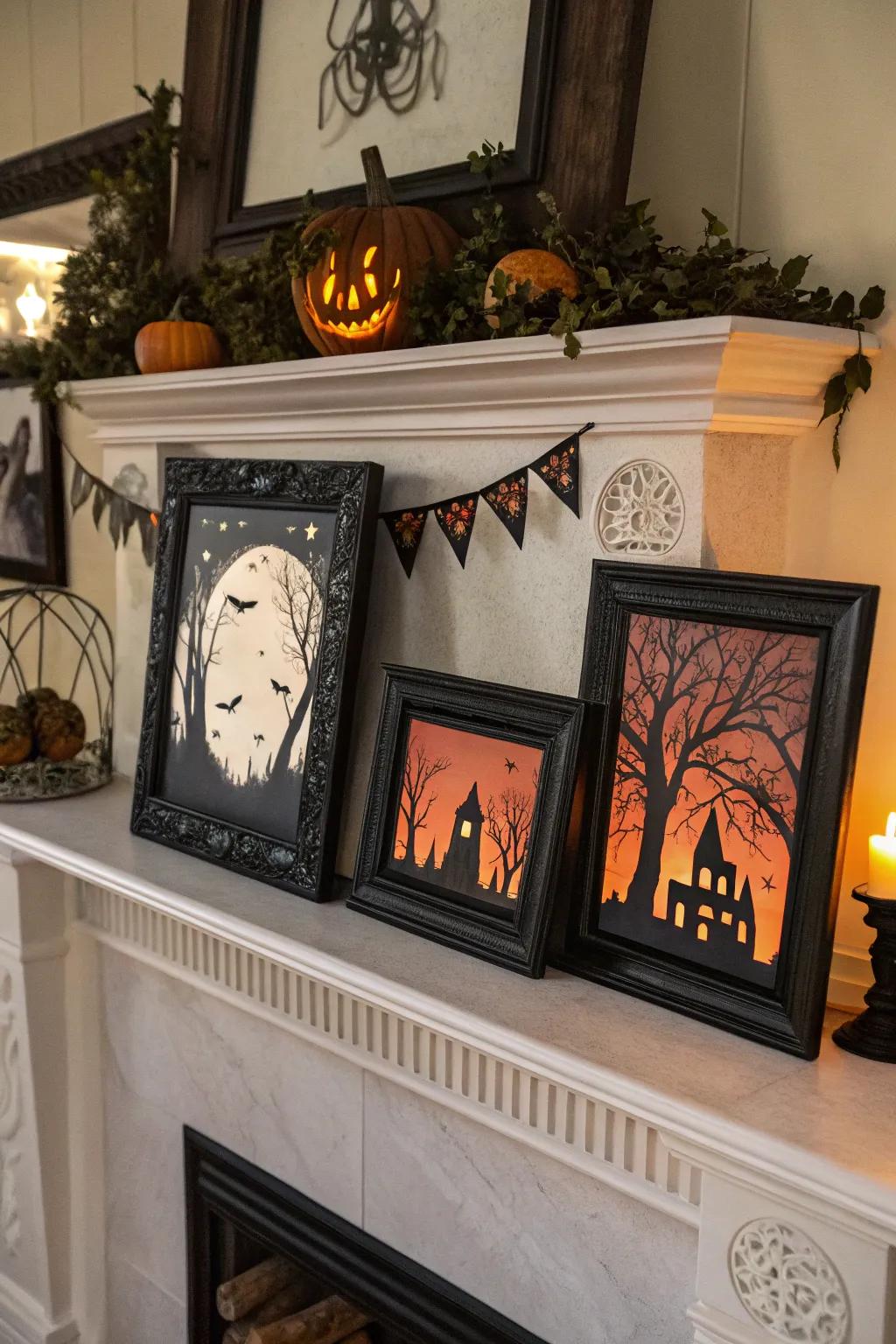 Eerie frames transform the mantel into a spooky display.
