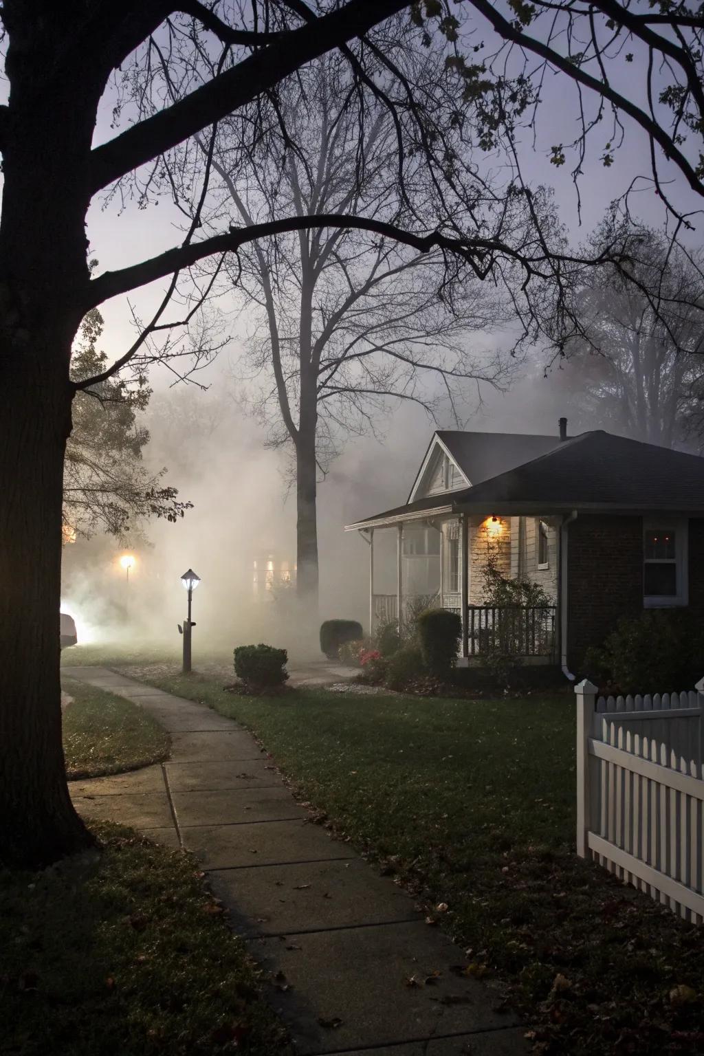 Eerie smoke flowing through a Halloween-themed yard.