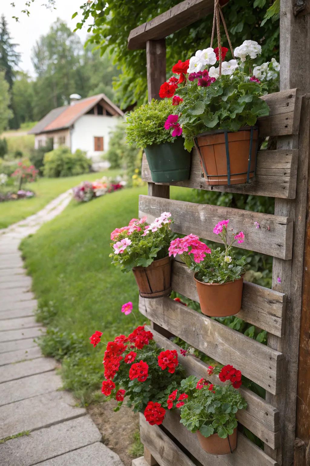 Pallets provide an environmentally conscious backdrop for geraniums.