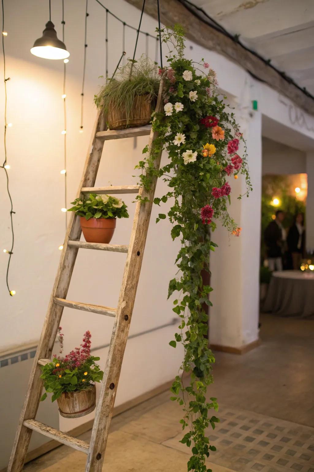 Introduce charm with a vintage ladder plant display.