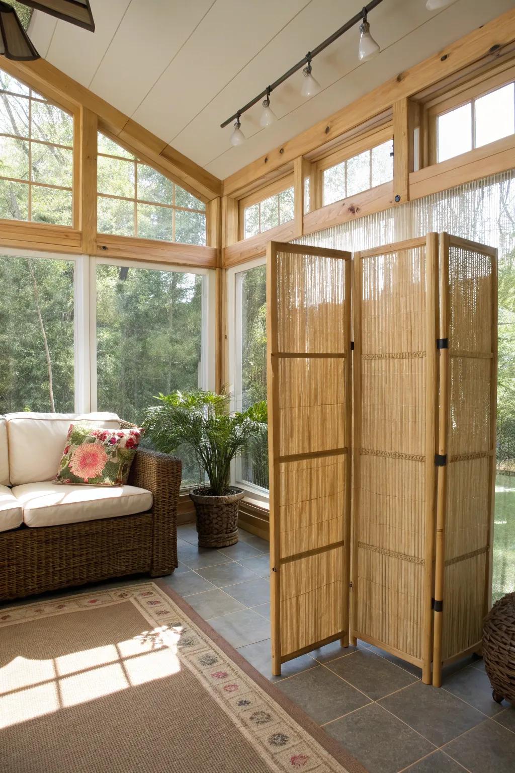 Bamboo screens contribute an eco-conscious, exotic accent.