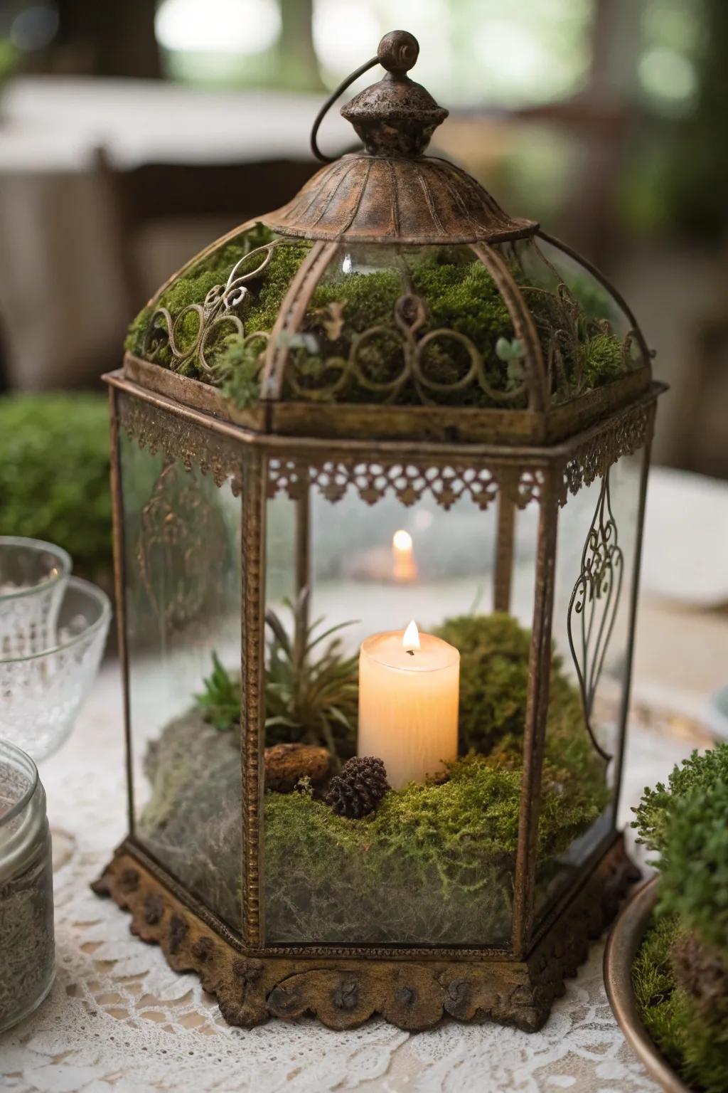 A nostalgically-inspired terrarium, glowing with moss and candlelight.